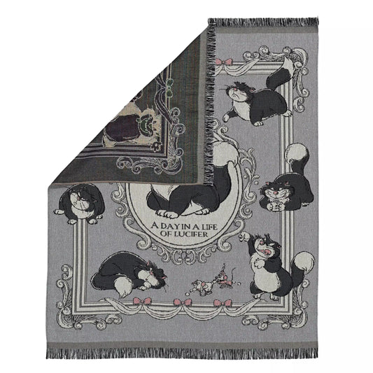 Blanket from the Disney Cat Day 2026 collection. Gray blanket featuring Lucifer, Jaq and Gus in a various adorable positions. Exclusive Japanese Disney merchandise celebrating February 22nd.