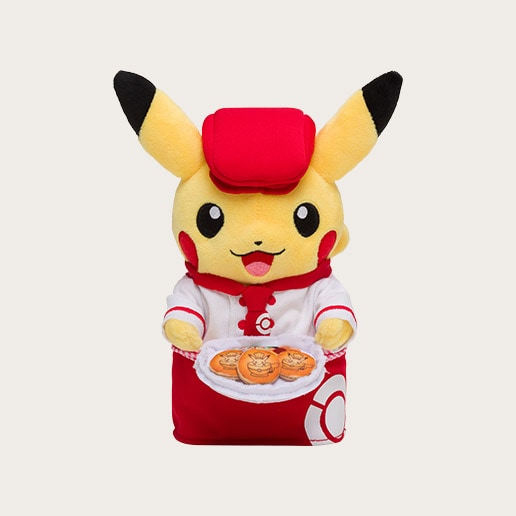 Plush toy of Pikachu wearing a red cap and holding a plate with cookies as a waitress. Shop at LEALEA MART.