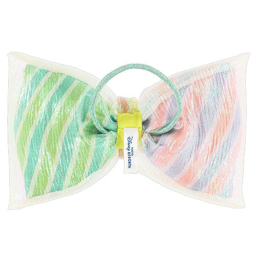 Colorful striped hair bow with a small charm featuring Vanellope's Sweet Pop World.