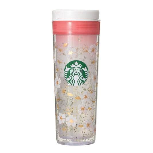 Starbucks Japan SAKURA Shine Brightly 2026 collection merchandise. Limited edition series featuring glitter pink stainless bottles, Stanley collaboration tumblers in pink gradient, and color-changing cups. The design theme highlights vivid spring colors, metallic gold accents, and bright cherry blossom patterns.