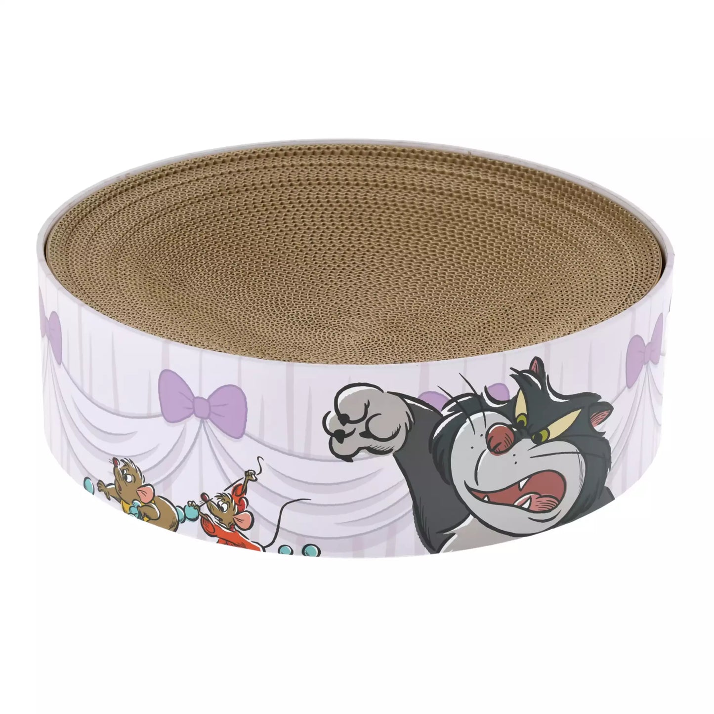 Nekoichi x Disney Store Japan Cat Day collaboration items. A raised ceramic food bowl and circular 'Bali Bali Bowl' scratcher bed featuring illustrations of Lucifer chasing mice Jack and Gus. High-quality cat supplies.