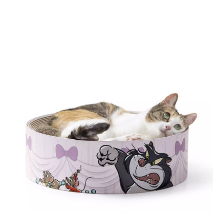Nekoichi x Disney Store Japan Cat Day collaboration items. A raised ceramic food bowl and circular 'Bali Bali Bowl' scratcher bed featuring illustrations of Lucifer chasing mice Jack and Gus. High-quality cat supplies.