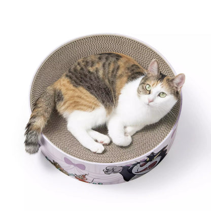 Nekoichi x Disney Store Japan Cat Day collaboration items. A raised ceramic food bowl and circular 'Bali Bali Bowl' scratcher bed featuring illustrations of Lucifer chasing mice Jack and Gus. High-quality cat supplies.