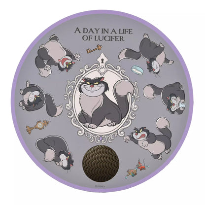 Nekoichi x Disney Store Japan Cat Day collaboration items. A raised ceramic food bowl and circular 'Bali Bali Bowl' scratcher bed featuring illustrations of Lucifer chasing mice Jack and Gus. High-quality cat supplies.