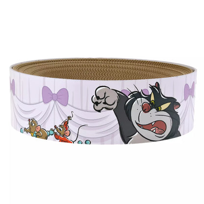 Nekoichi x Disney Store Japan Cat Day collaboration items. A raised ceramic food bowl and circular 'Bali Bali Bowl' scratcher bed featuring illustrations of Lucifer chasing mice Jack and Gus. High-quality cat supplies.