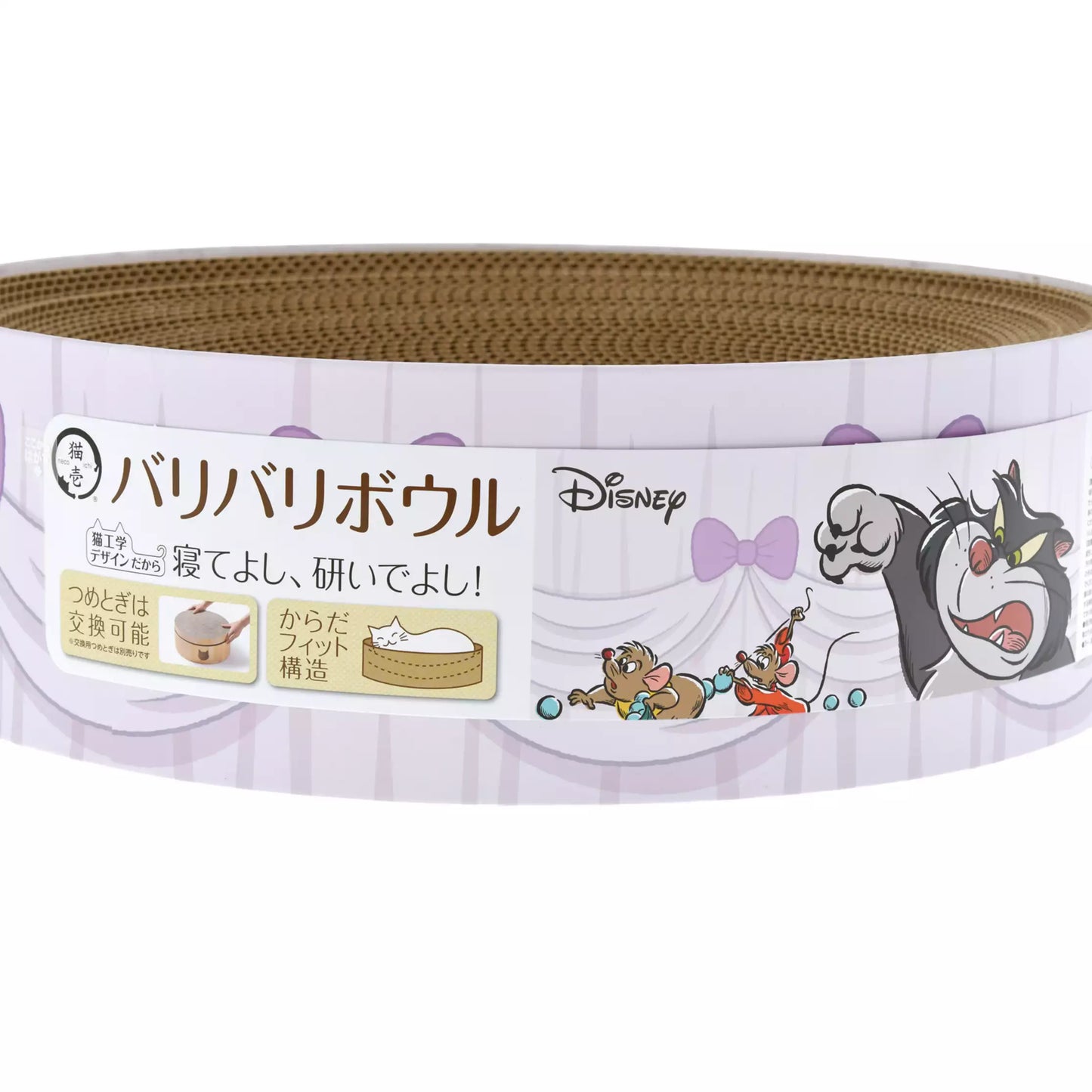Nekoichi x Disney Store Japan Cat Day collaboration items. A raised ceramic food bowl and circular 'Bali Bali Bowl' scratcher bed featuring illustrations of Lucifer chasing mice Jack and Gus. High-quality cat supplies.