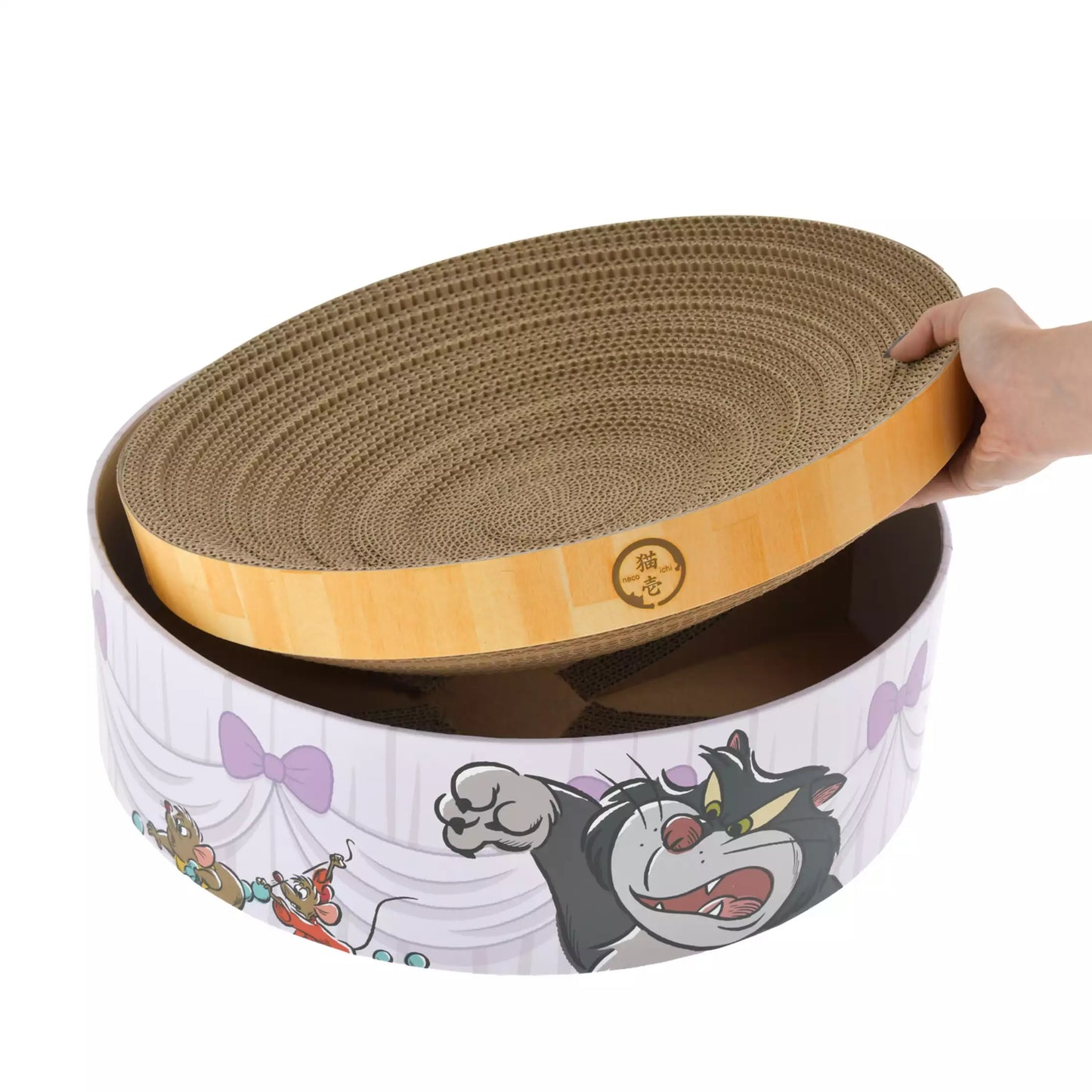 Nekoichi x Disney Store Japan Cat Day collaboration items. A raised ceramic food bowl and circular 'Bali Bali Bowl' scratcher bed featuring illustrations of Lucifer chasing mice Jack and Gus. High-quality cat supplies.