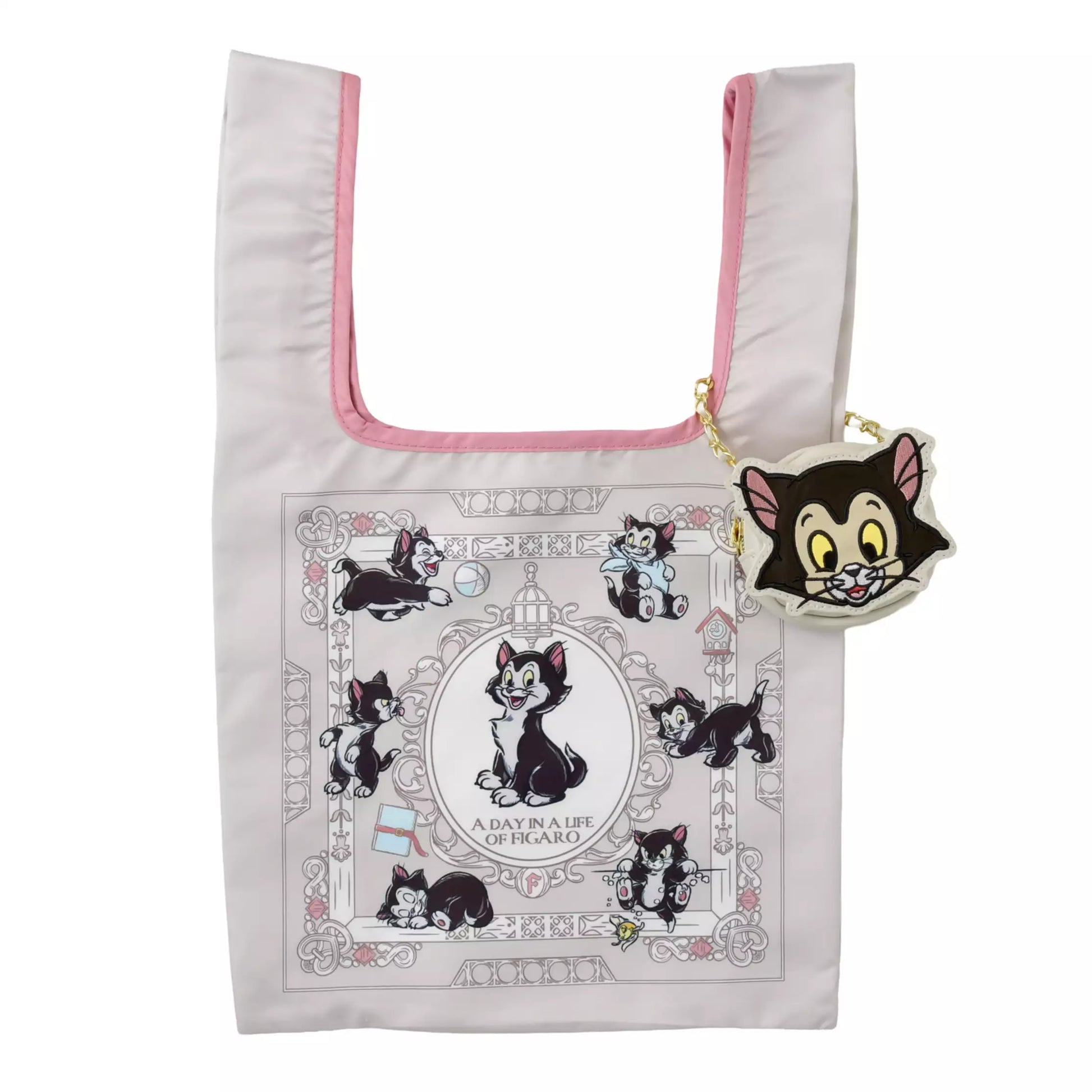 Disney Store Japan Figaro Eco Bag set. A reusable shopping bag that folds into a plush drawstring pouch shaped like Figaro's head. Features a black and white cat design with Cleo the goldfish details.