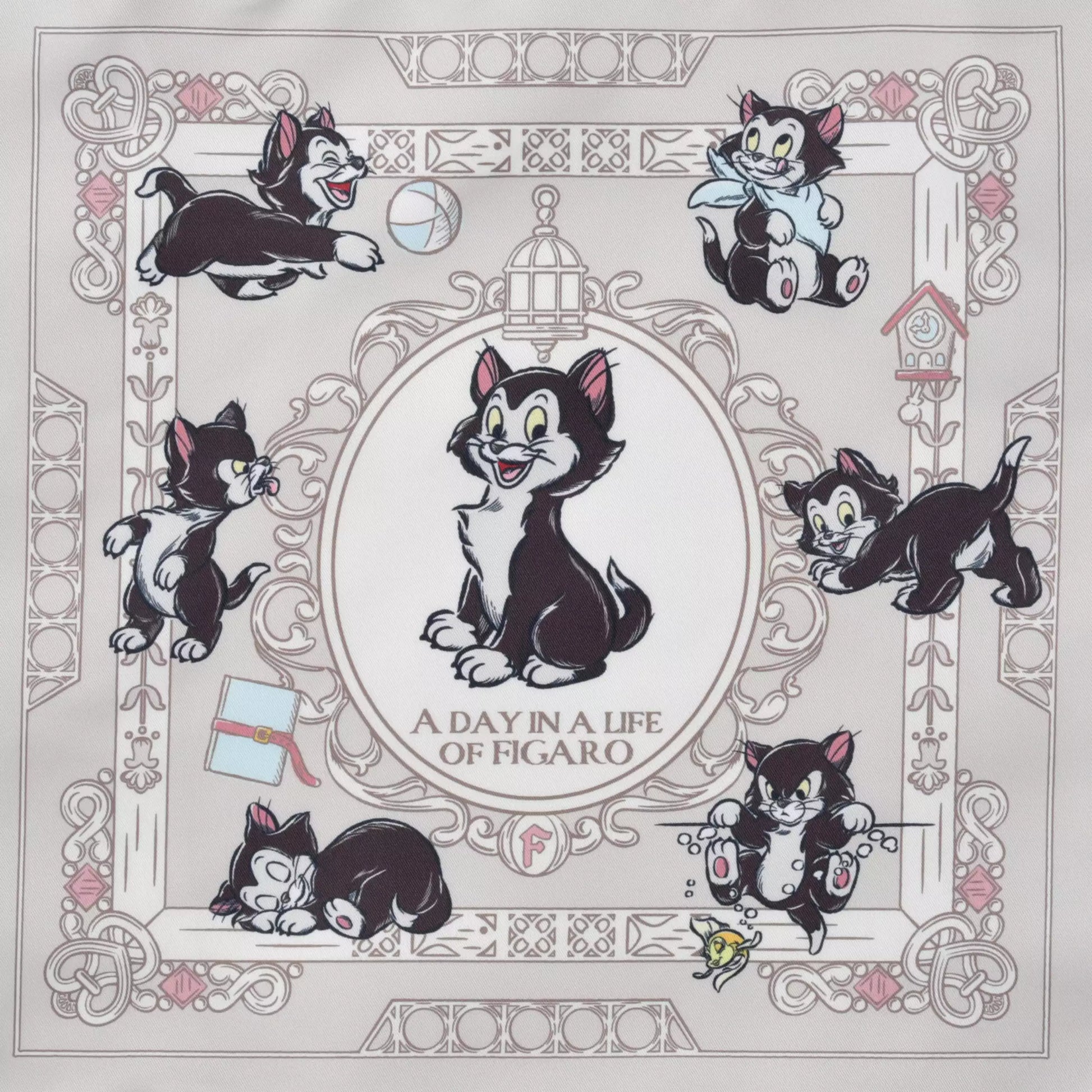 Disney Store Japan Figaro Eco Bag set. A reusable shopping bag that folds into a plush drawstring pouch shaped like Figaro's head. Features a black and white cat design with Cleo the goldfish details.