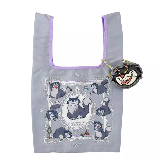 Disney Store Japan Lucifer Eco Bag set. A reusable shopping bag that folds into a plush drawstring pouch shaped like Lucifer's head. Features a gray and white cat design with Jaq and Gus details.
