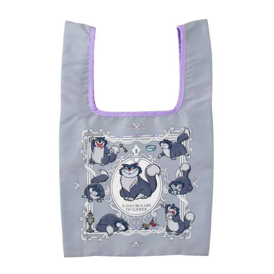 Disney Store Japan Lucifer Eco Bag set. A reusable shopping bag that folds into a plush drawstring pouch shaped like Lucifer's head. Features a gray and white cat design with Jaq and Gus details.