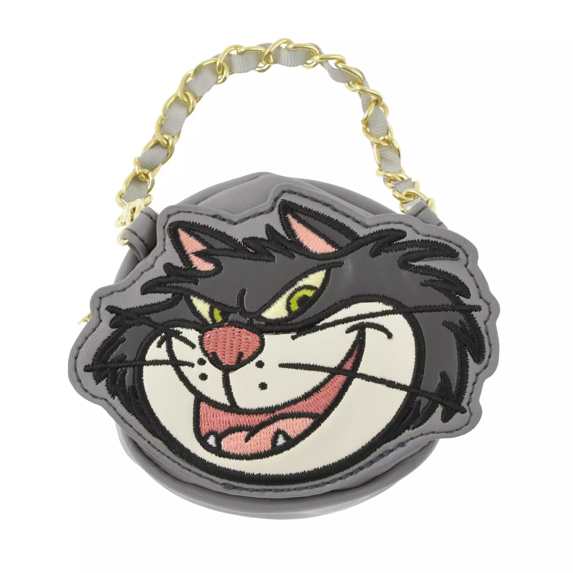 Disney Store Japan Lucifer Eco Bag set. A reusable shopping bag that folds into a plush drawstring pouch shaped like Lucifer's head. Features a gray and white cat design with Jaq and Gus details.