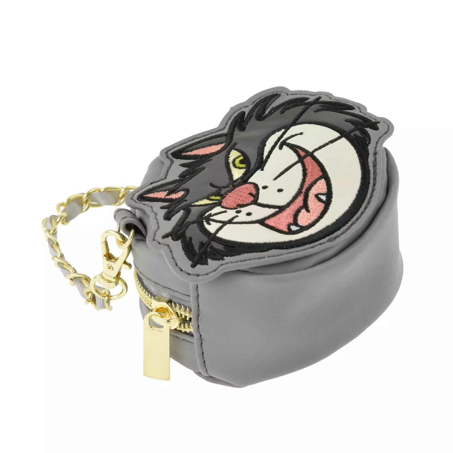 Disney Store Japan Lucifer Eco Bag set. A reusable shopping bag that folds into a plush drawstring pouch shaped like Lucifer's head. Features a gray and white cat design with Jaq and Gus details.