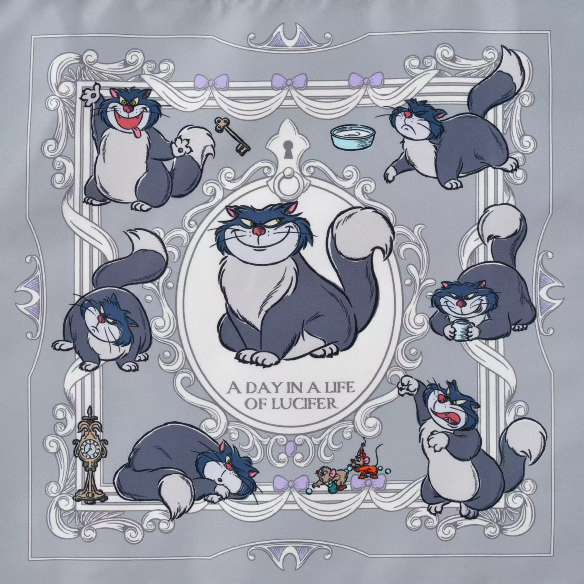 Disney Store Japan Lucifer Eco Bag set. A reusable shopping bag that folds into a plush drawstring pouch shaped like Lucifer's head. Features a gray and white cat design with Jaq and Gus details.