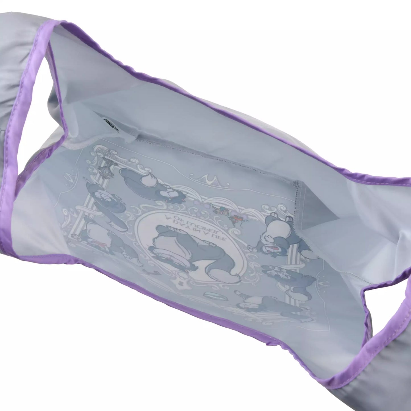 Disney Store Japan Lucifer Eco Bag set. A reusable shopping bag that folds into a plush drawstring pouch shaped like Lucifer's head. Features a gray and white cat design with Jaq and Gus details.