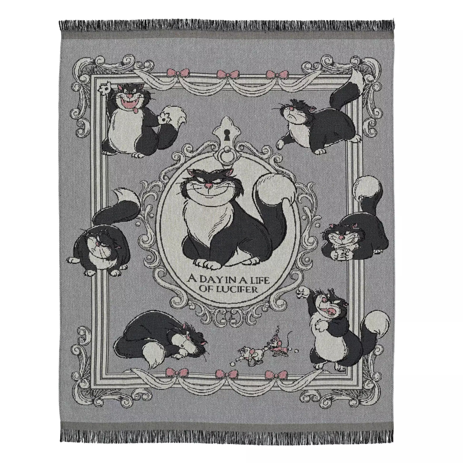 Blanket from the Disney Cat Day 2026 collection. Gray blanket featuring Lucifer, Jaq and Gus in a various adorable positions. Exclusive Japanese Disney merchandise celebrating February 22nd.