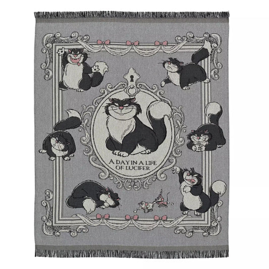 Blanket from the Disney Cat Day 2026 collection. Gray blanket featuring Lucifer, Jaq and Gus in a various adorable positions. Exclusive Japanese Disney merchandise celebrating February 22nd.