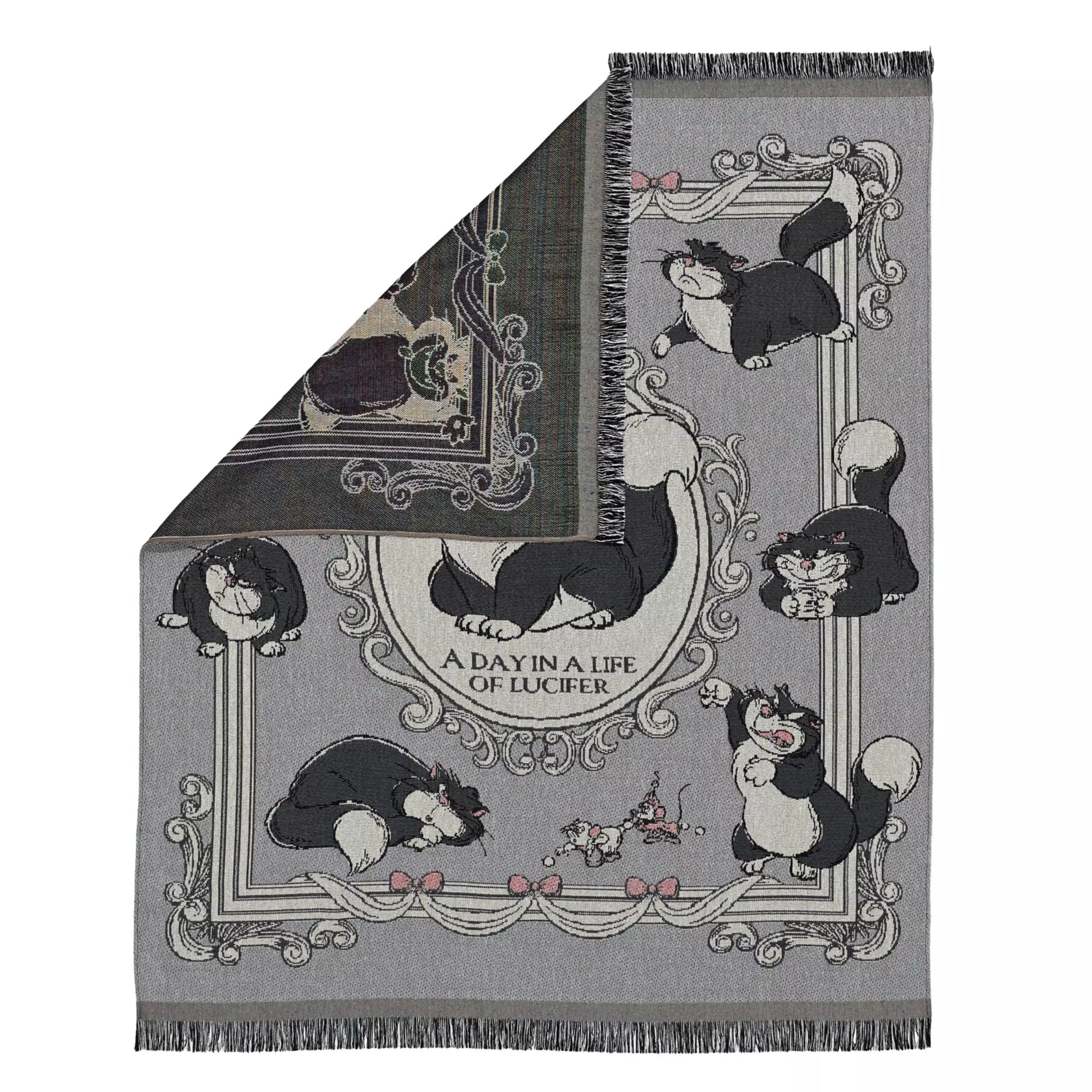 Blanket from the Disney Cat Day 2026 collection. Gray blanket featuring Lucifer, Jaq and Gus in a various adorable positions. Exclusive Japanese Disney merchandise celebrating February 22nd.