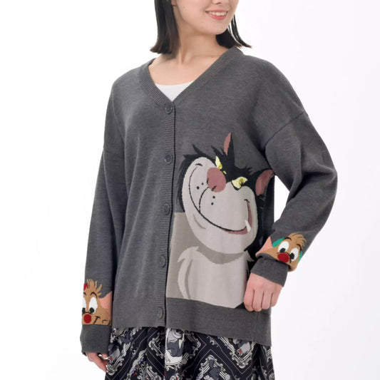 Disney Cat Day 2026 Lucifer Knit Cardigan. A grey button-up cardigan featuring a large woven design of the cat Lucifer from Cinderella on the back with a grumpy expression. Stylish Japan-exclusive Disney apparel.