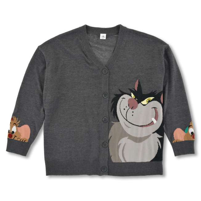 Disney Cat Day 2026 Lucifer Knit Cardigan. A grey button-up cardigan featuring a large woven design of the cat Lucifer from Cinderella on the back with a grumpy expression. Stylish Japan-exclusive Disney apparel.
