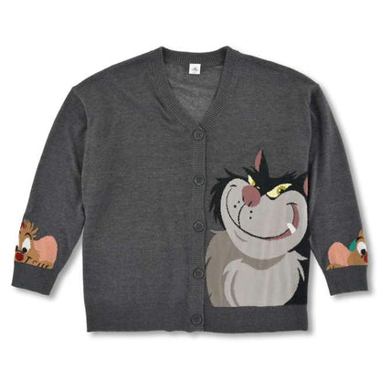 Disney Cat Day 2026 Lucifer Knit Cardigan. A grey button-up cardigan featuring a large woven design of the cat Lucifer from Cinderella on the back with a grumpy expression. Stylish Japan-exclusive Disney apparel.