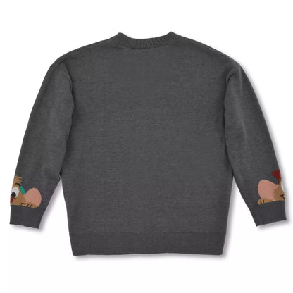 Disney Cat Day 2026 Lucifer Knit Cardigan. A grey button-up cardigan featuring a large woven design of the cat Lucifer from Cinderella on the back with a grumpy expression. Stylish Japan-exclusive Disney apparel.