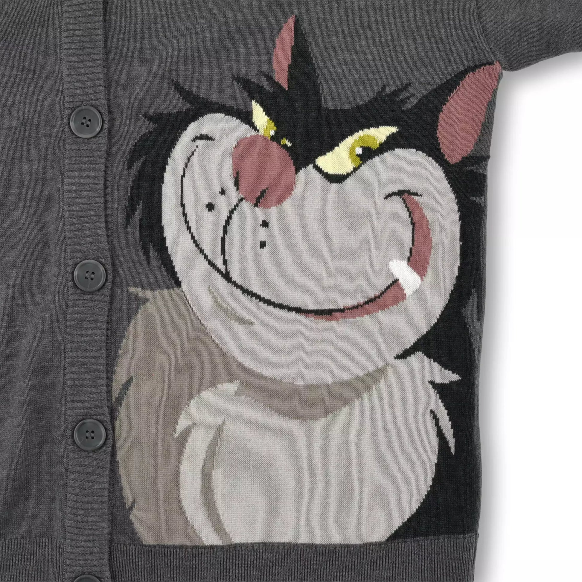 Disney Cat Day 2026 Lucifer Knit Cardigan. A grey button-up cardigan featuring a large woven design of the cat Lucifer from Cinderella on the back with a grumpy expression. Stylish Japan-exclusive Disney apparel.