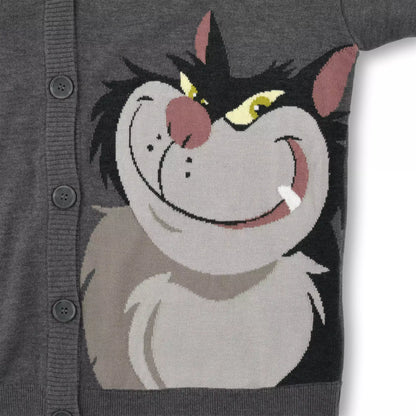 Disney Cat Day 2026 Lucifer Knit Cardigan. A grey button-up cardigan featuring a large woven design of the cat Lucifer from Cinderella on the back with a grumpy expression. Stylish Japan-exclusive Disney apparel.
