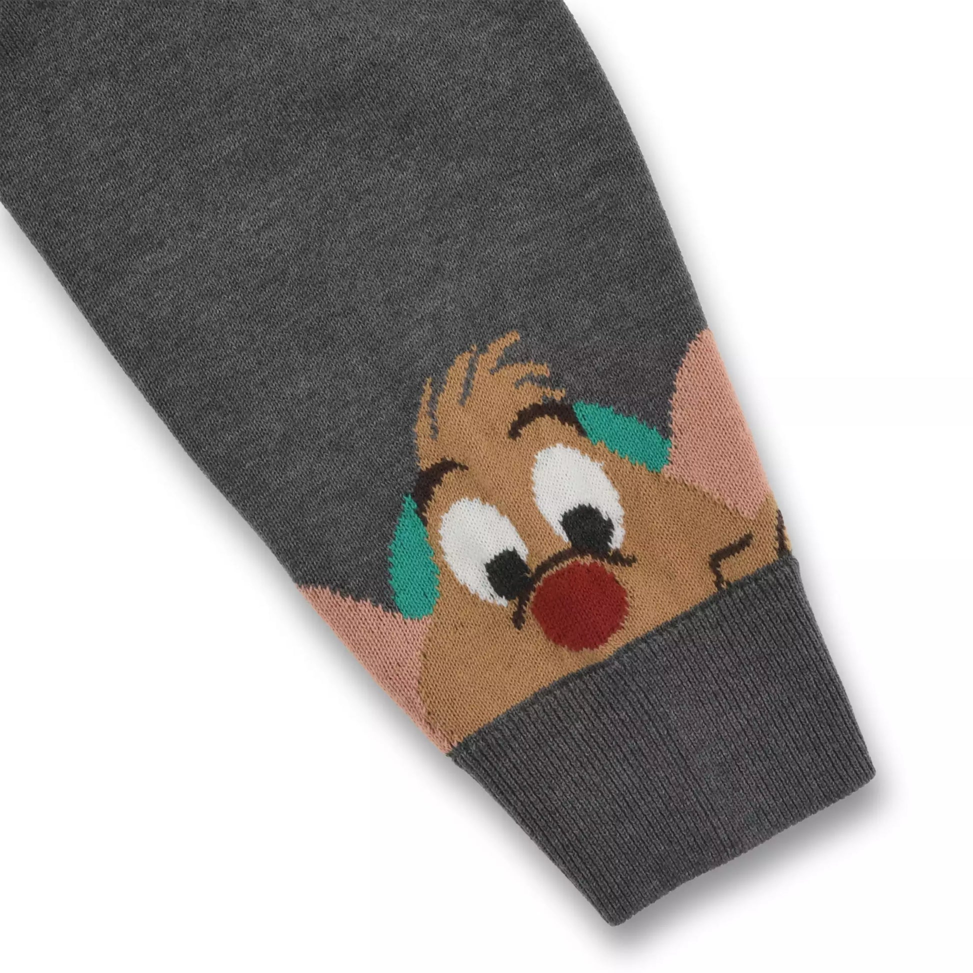 Disney Cat Day 2026 Lucifer Knit Cardigan. A grey button-up cardigan featuring a large woven design of the cat Lucifer from Cinderella on the back with a grumpy expression. Stylish Japan-exclusive Disney apparel.