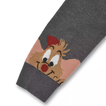 Disney Cat Day 2026 Lucifer Knit Cardigan. A grey button-up cardigan featuring a large woven design of the cat Lucifer from Cinderella on the back with a grumpy expression. Stylish Japan-exclusive Disney apparel.