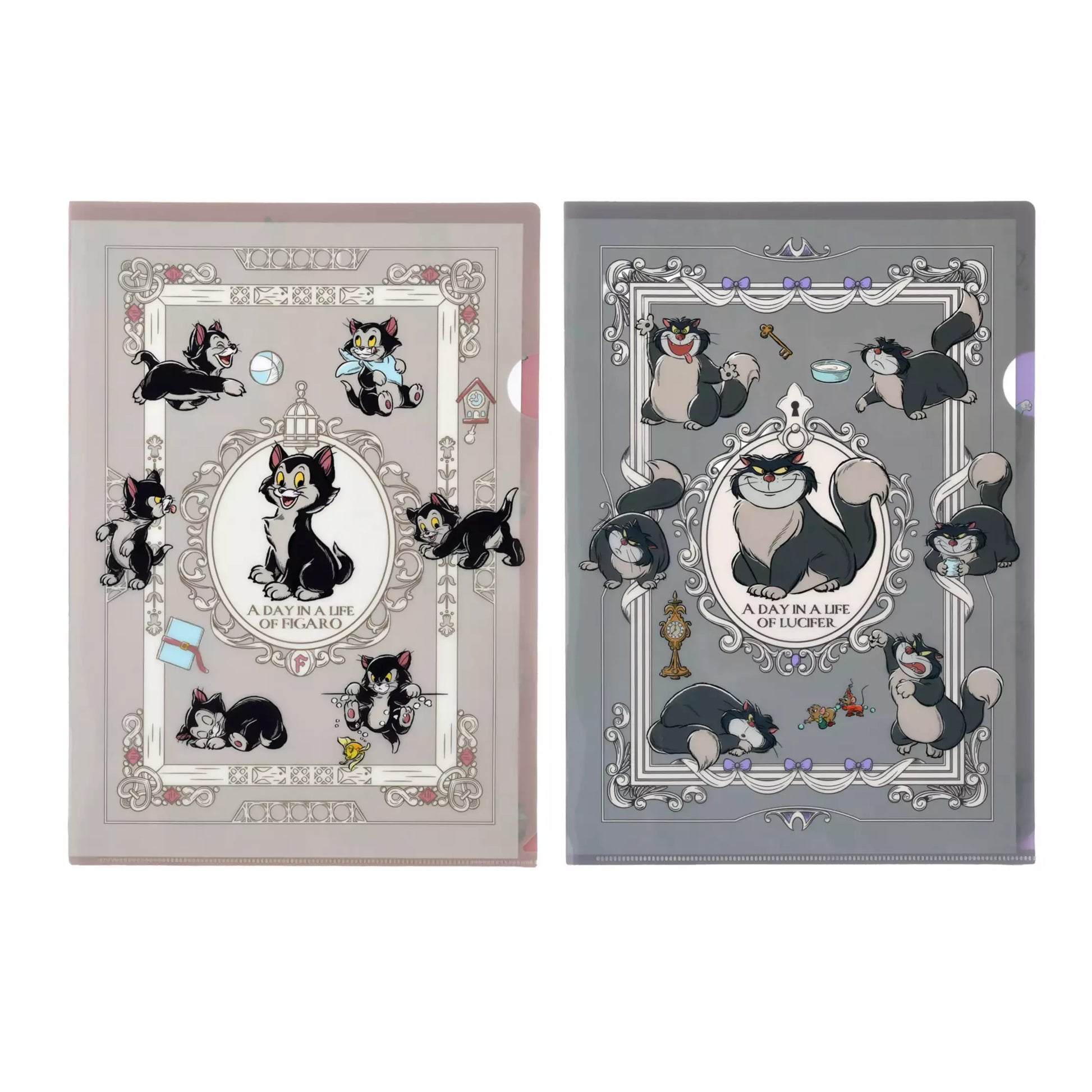 Disney Store Japan Cat Day 2026 limited edition merchandise. Japan exclusive Disney character goods featuring Lucifer, Figaro, and Marie with a chic antique design aesthetic. Figaro and Lucifer plastic folders. shop at LEALEA MART.