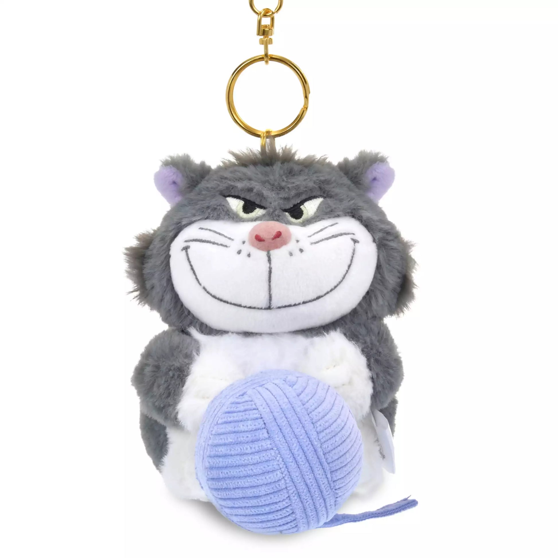Lucifer and Figaro plush keychains from the Disney Cat Day 2026 series. Fluffy stuffed animal keychains holding a yarn ball or mouse toy. These interactive plushies vibrate when the pull-string toy is pulled.