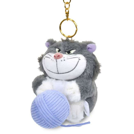 Lucifer and Figaro plush keychains from the Disney Cat Day 2026 series. Fluffy stuffed animal keychains holding a yarn ball or mouse toy. These interactive plushies vibrate when the pull-string toy is pulled.