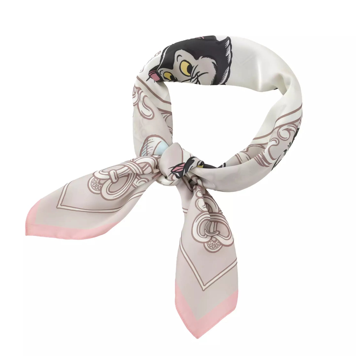 Scarf from the Disney Cat Day 2026 collection. White polyester scarf featuring Figaro in various adorable positions. Exclusive Japanese Disney merchandise celebrating February 22nd.