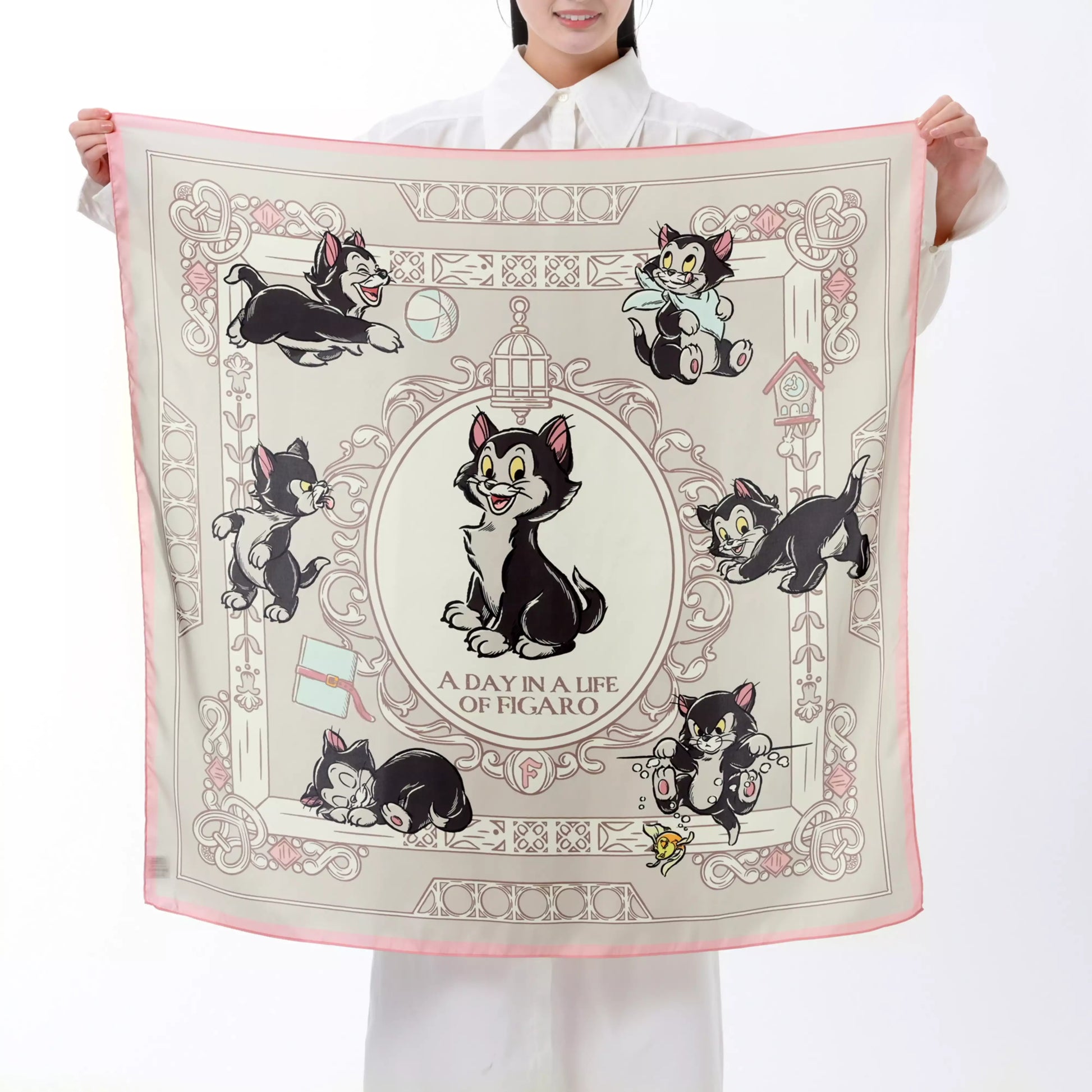 Scarf from the Disney Cat Day 2026 collection. White polyester scarf featuring Figaro in various adorable positions. Exclusive Japanese Disney merchandise celebrating February 22nd.