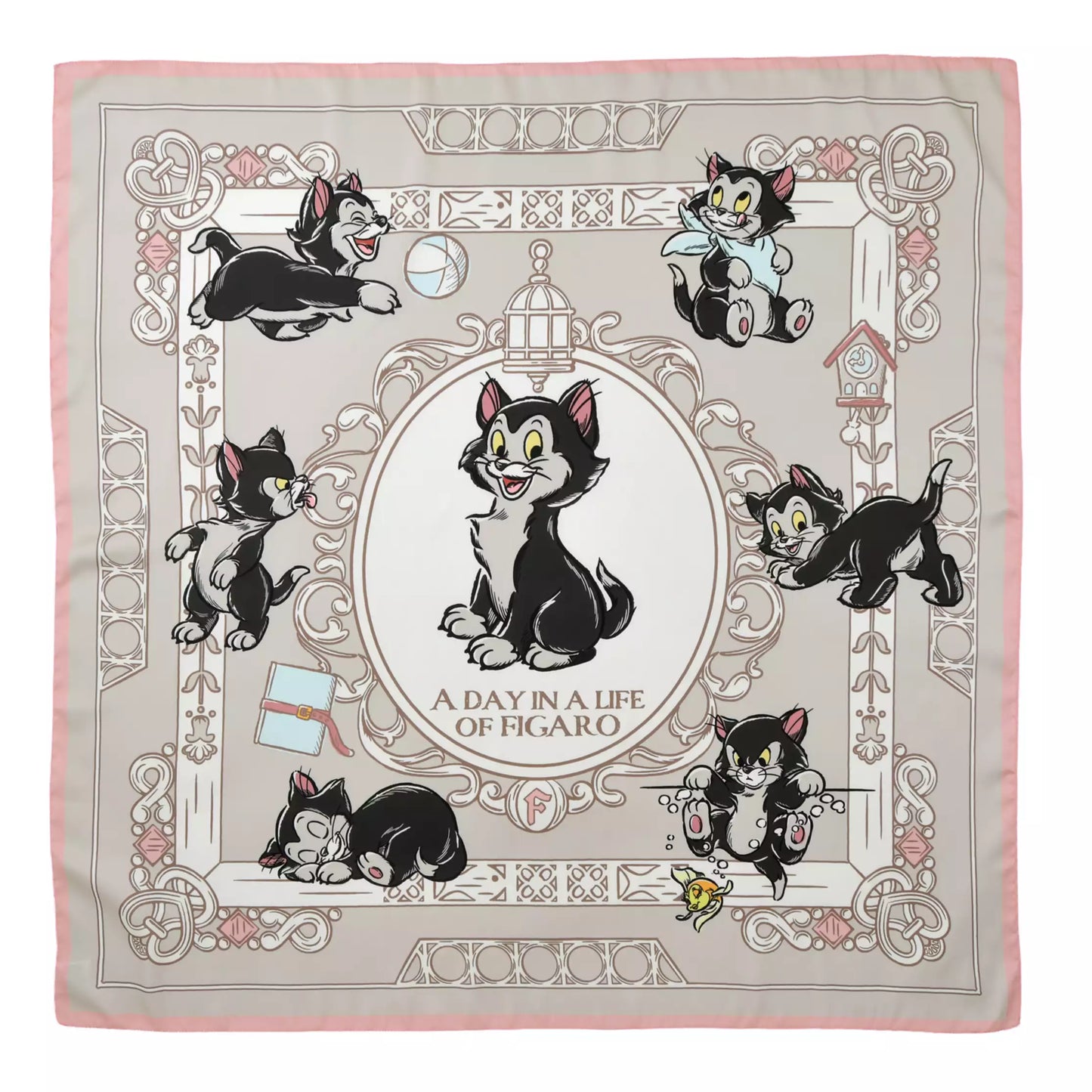 Scarf from the Disney Cat Day 2026 collection. White polyester scarf featuring Figaro in various adorable positions. Exclusive Japanese Disney merchandise celebrating February 22nd.