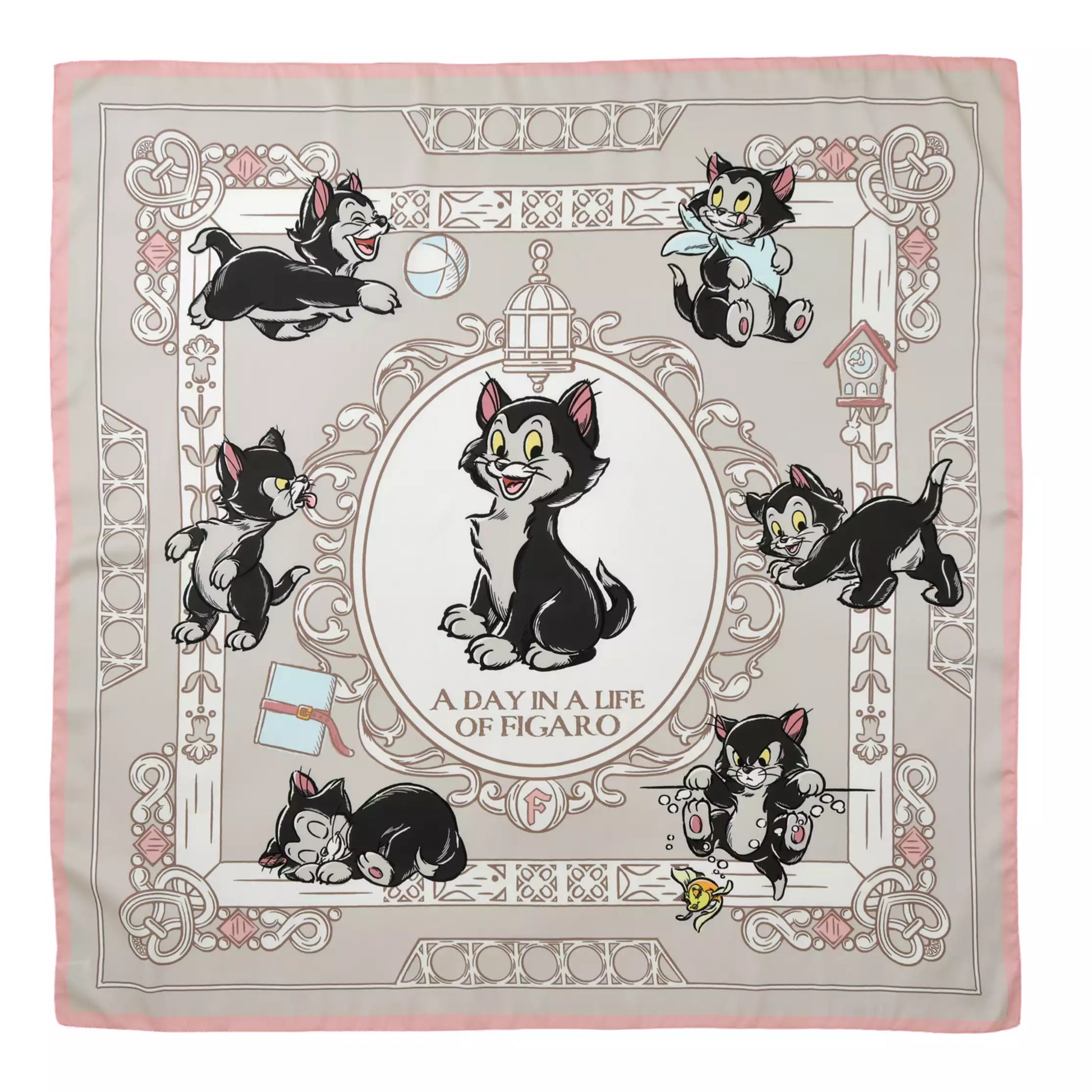 Scarf from the Disney Cat Day 2026 collection. White polyester scarf featuring Figaro in various adorable positions. Exclusive Japanese Disney merchandise celebrating February 22nd.