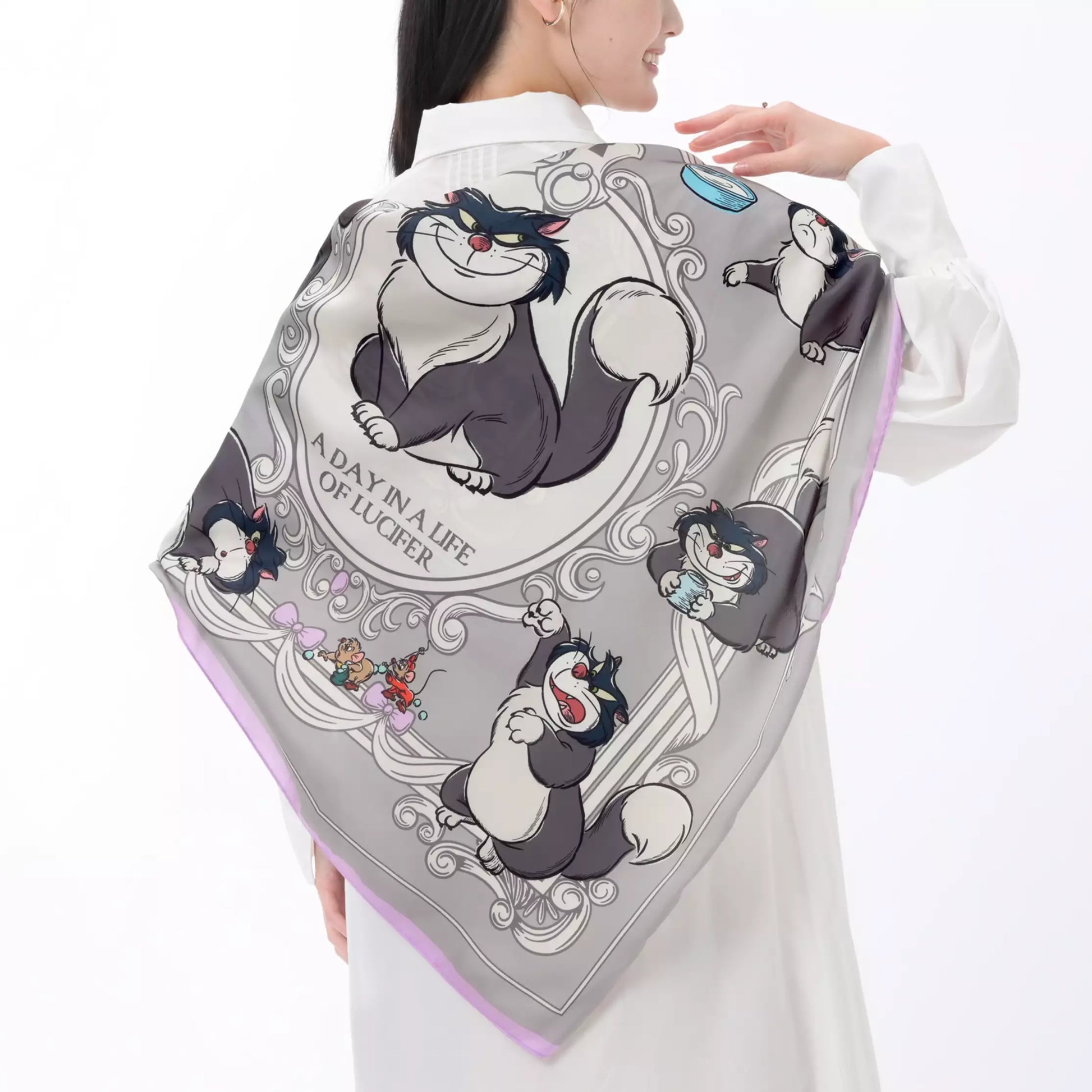 Scarf from the Disney Cat Day 2026 collection. Gray polyester scarf featuring Lucifer in various adorable positions. Exclusive Japanese Disney merchandise celebrating February 22nd.