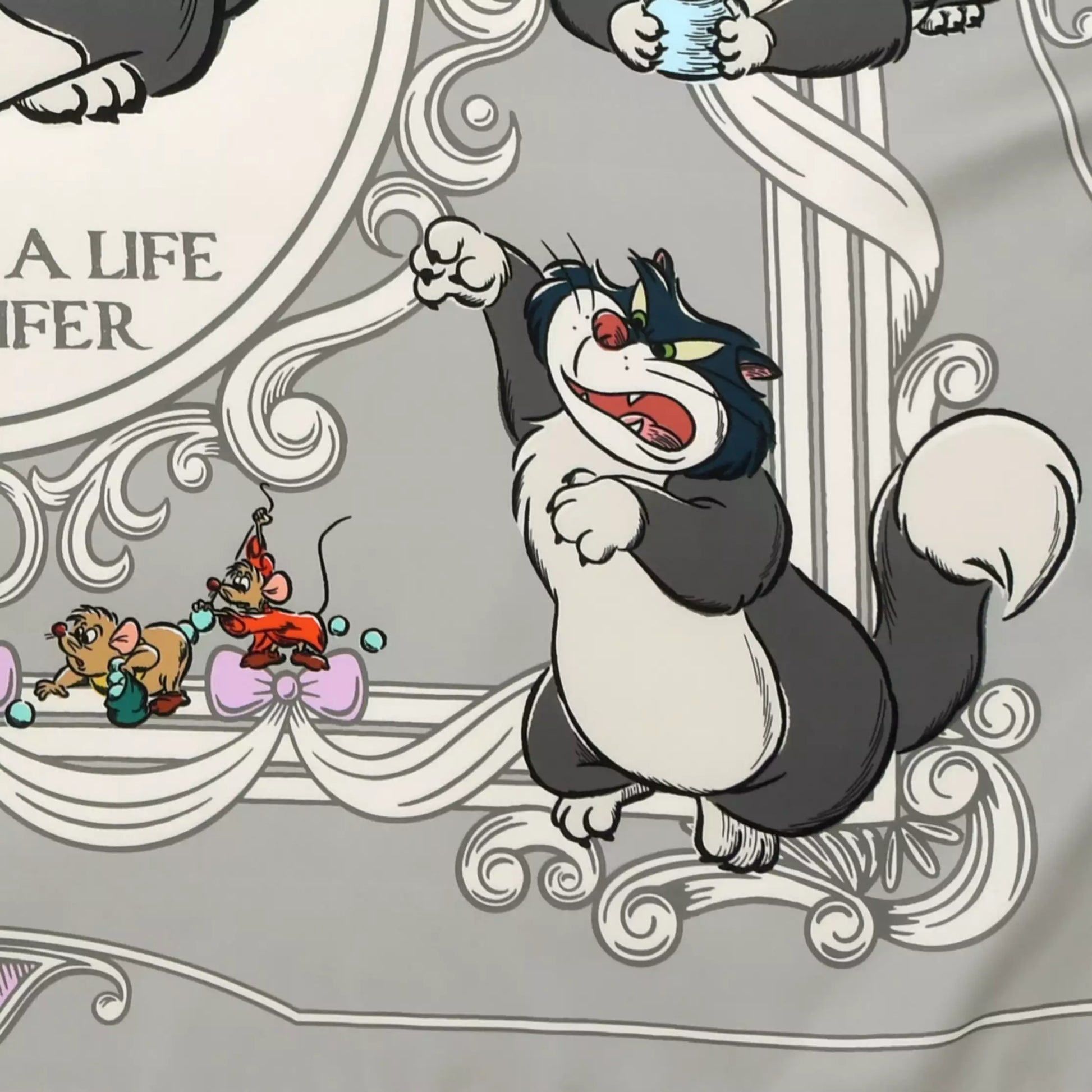 Scarf from the Disney Cat Day 2026 collection. Gray polyester scarf featuring Lucifer in various adorable positions. Exclusive Japanese Disney merchandise celebrating February 22nd.