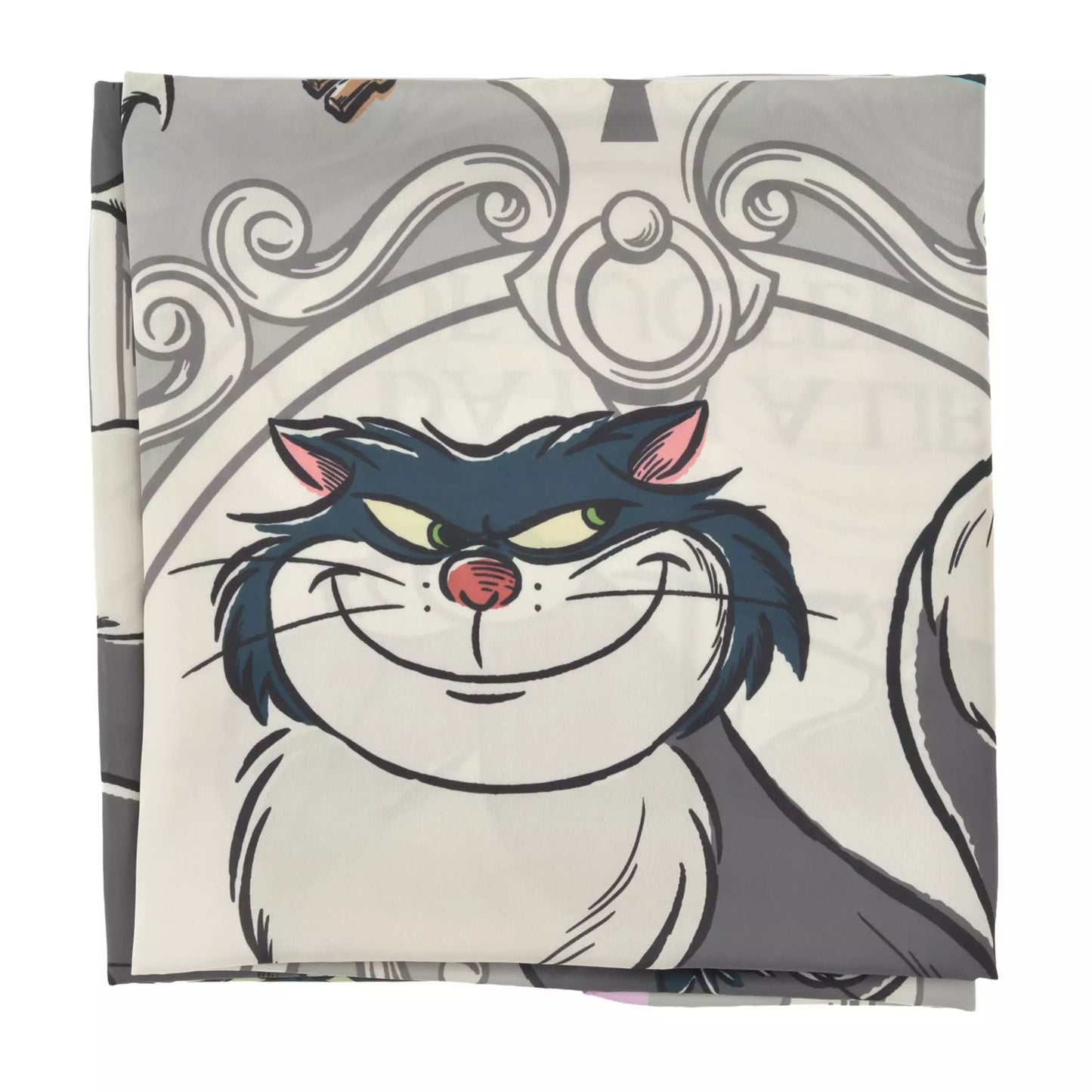 Scarf from the Disney Cat Day 2026 collection. Gray polyester scarf featuring Lucifer in various adorable positions. Exclusive Japanese Disney merchandise celebrating February 22nd.