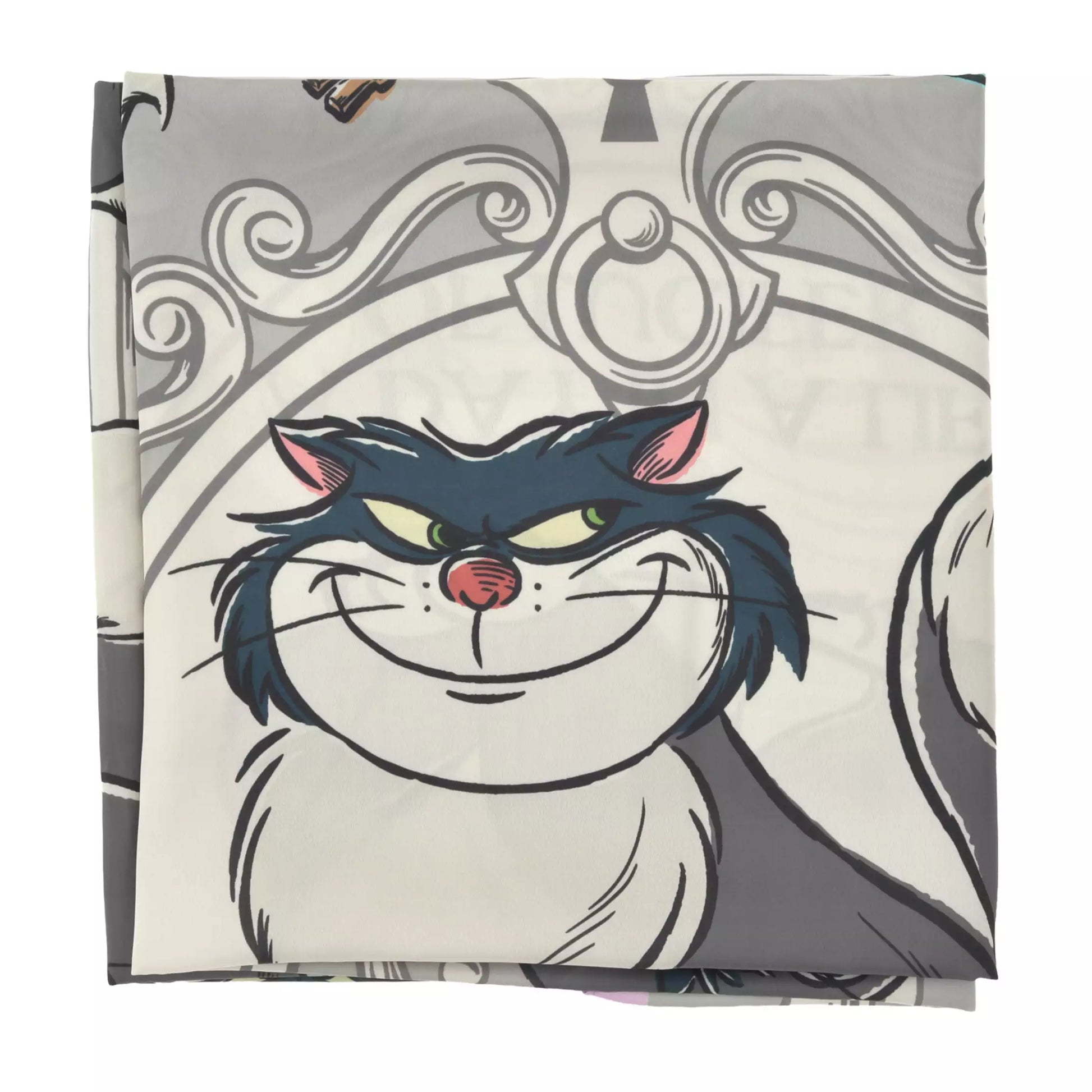 Scarf from the Disney Cat Day 2026 collection. Gray polyester scarf featuring Lucifer in various adorable positions. Exclusive Japanese Disney merchandise celebrating February 22nd.