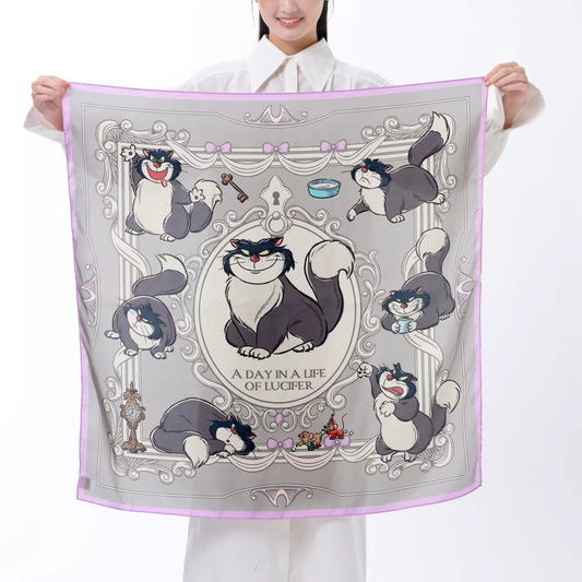Scarf from the Disney Cat Day 2026 collection. Gray polyester scarf featuring Lucifer in various adorable positions. Exclusive Japanese Disney merchandise celebrating February 22nd.
