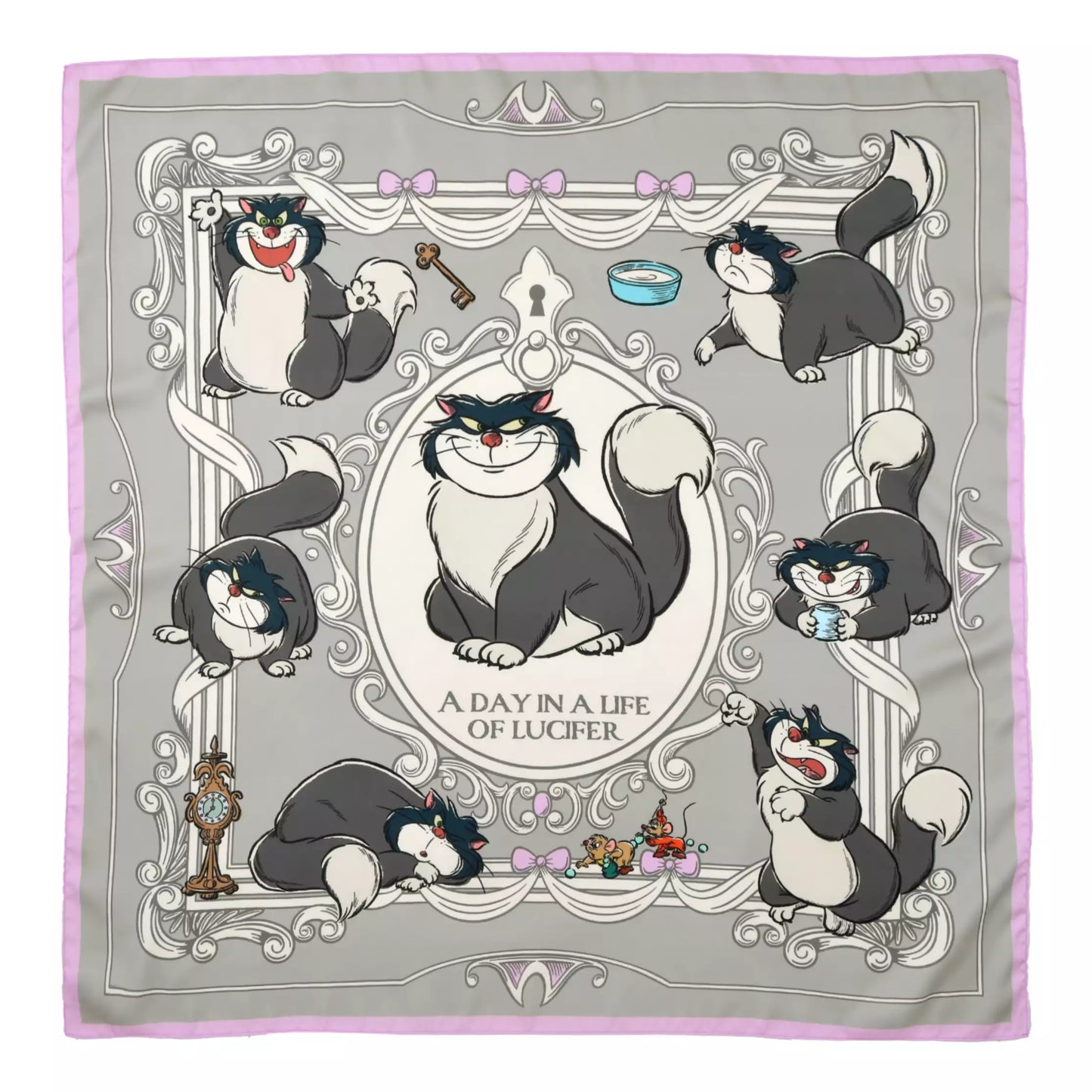 Scarf from the Disney Cat Day 2026 collection. Gray polyester scarf featuring Lucifer in various adorable positions. Exclusive Japanese Disney merchandise celebrating February 22nd.