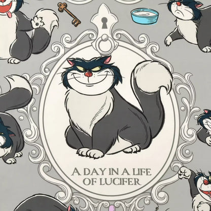 Scarf from the Disney Cat Day 2026 collection. Gray polyester scarf featuring Lucifer in various adorable positions. Exclusive Japanese Disney merchandise celebrating February 22nd.