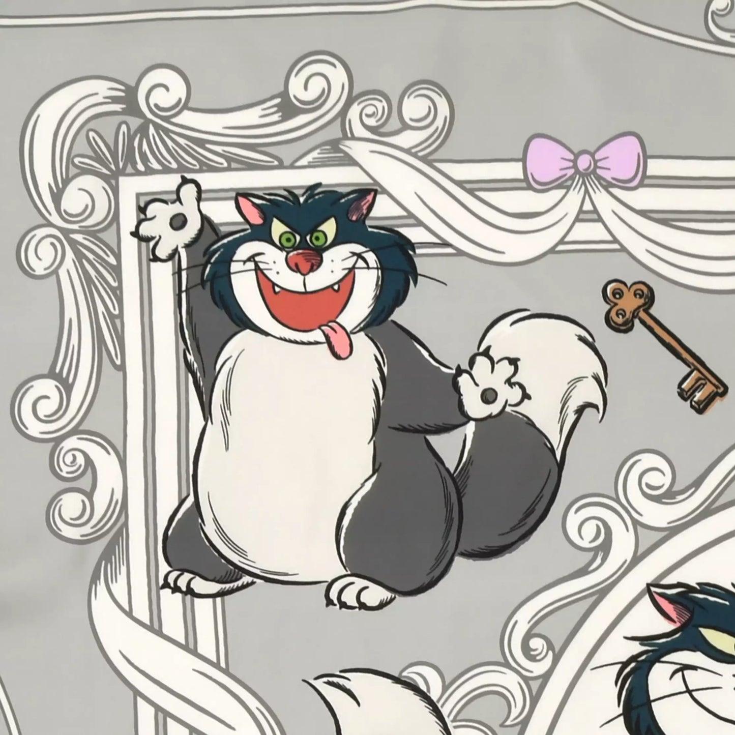 Scarf from the Disney Cat Day 2026 collection. Gray polyester scarf featuring Lucifer in various adorable positions. Exclusive Japanese Disney merchandise celebrating February 22nd.