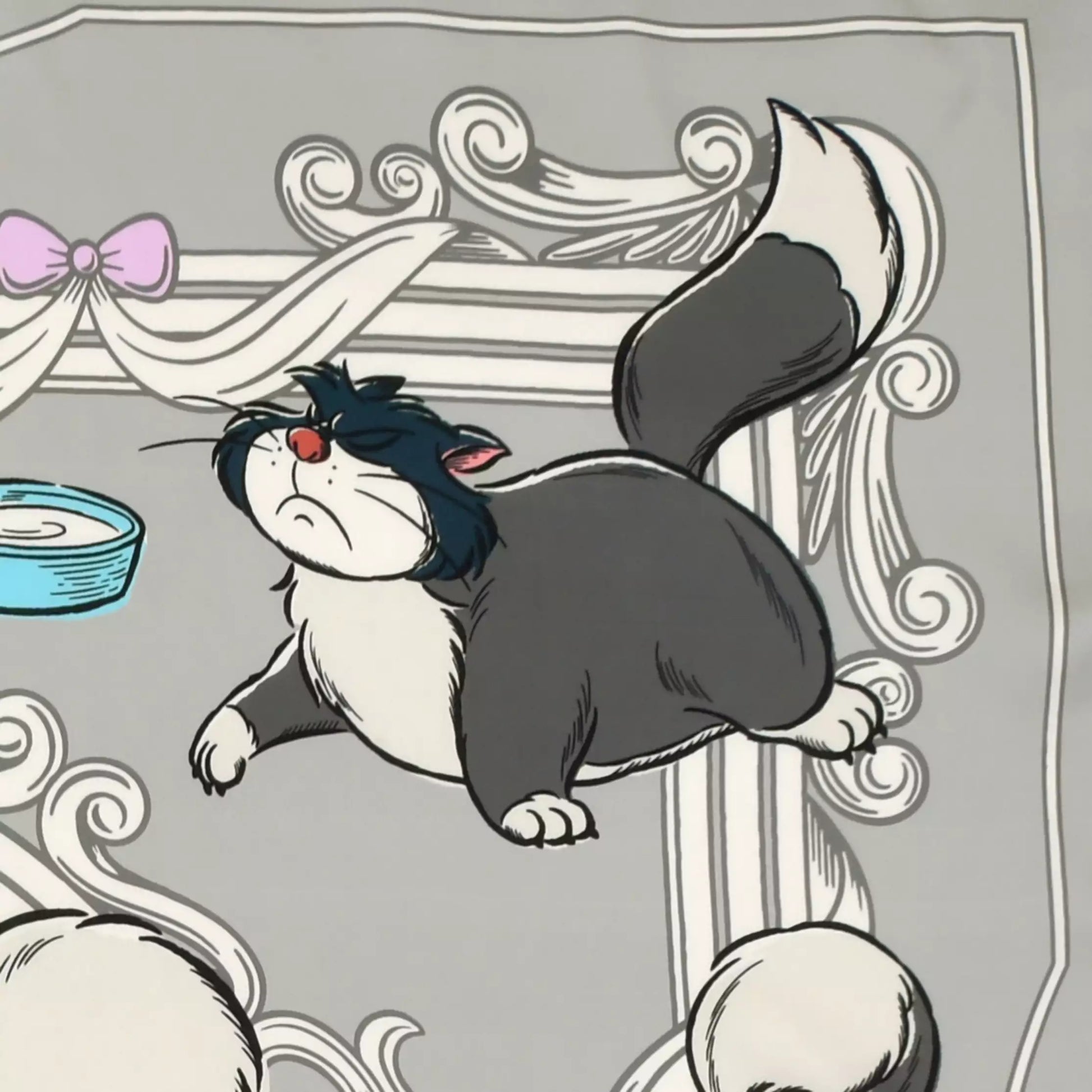 Scarf from the Disney Cat Day 2026 collection. Gray polyester scarf featuring Lucifer in various adorable positions. Exclusive Japanese Disney merchandise celebrating February 22nd.