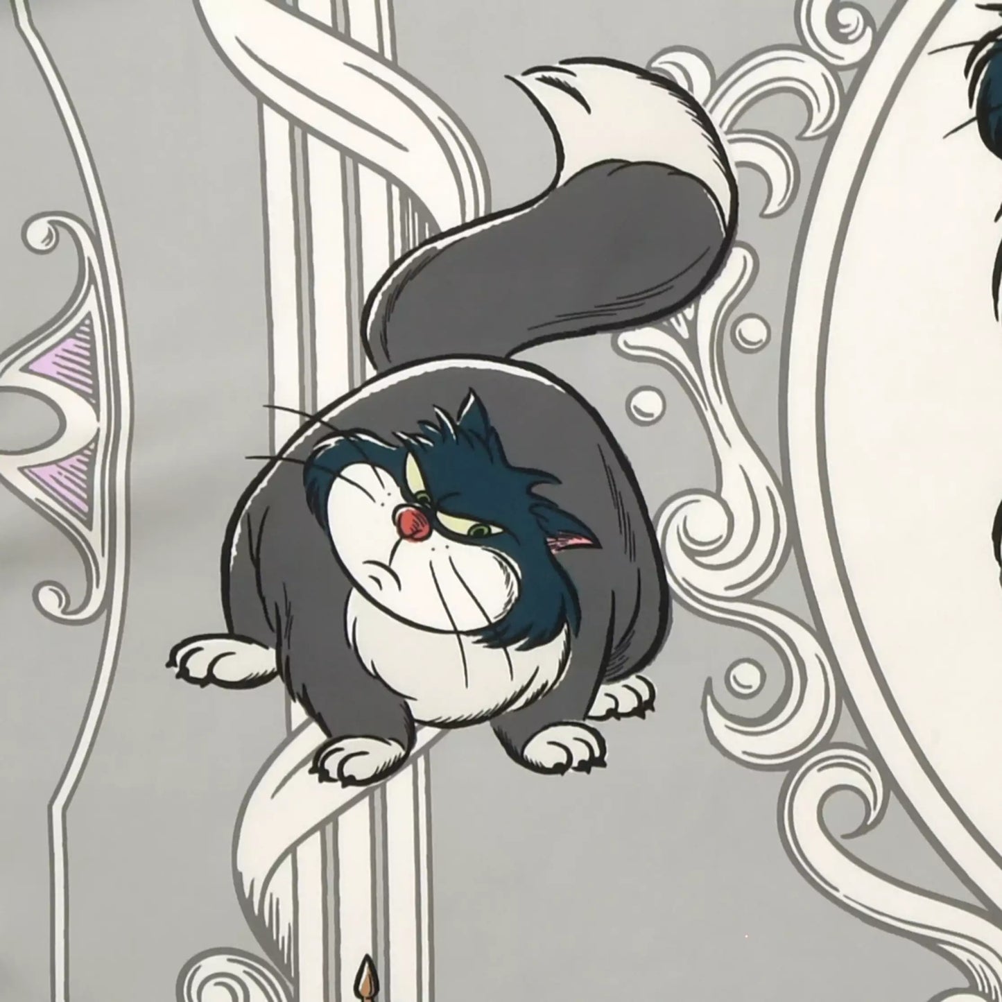 Scarf from the Disney Cat Day 2026 collection. Gray polyester scarf featuring Lucifer in various adorable positions. Exclusive Japanese Disney merchandise celebrating February 22nd.