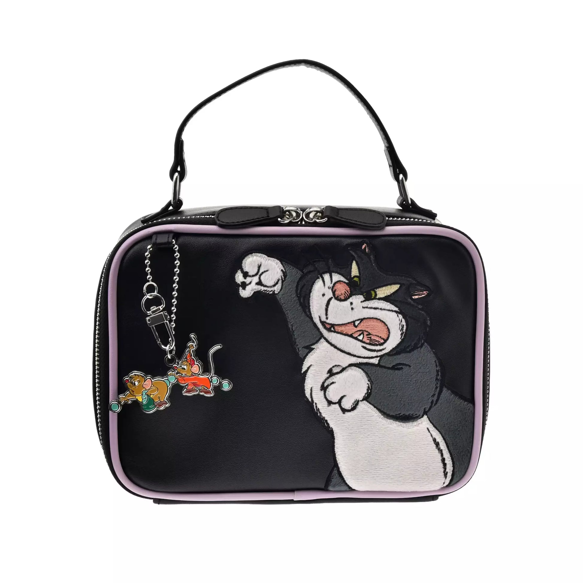 Disney Store Japan Cat Day makeup pouch. A soft zippered cosmetic bag in muted grey and beige tones, embroidered with Disney villain cat Lucifer. Features gold zipper details and antique-style lining.