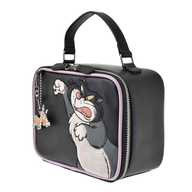 Disney Store Japan Cat Day makeup pouch. A soft zippered cosmetic bag in muted grey and beige tones, embroidered with Disney villain cat Lucifer. Features gold zipper details and antique-style lining.