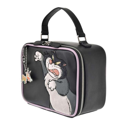 Disney Store Japan Cat Day makeup pouch. A soft zippered cosmetic bag in muted grey and beige tones, embroidered with Disney villain cat Lucifer. Features gold zipper details and antique-style lining.